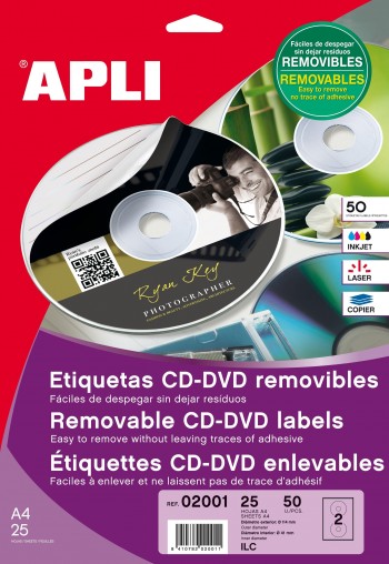 PAQUETE 25 H. ETIQUETAS CD-DVD REMOVIBLES BLANCO MATE APLI RF. 02001