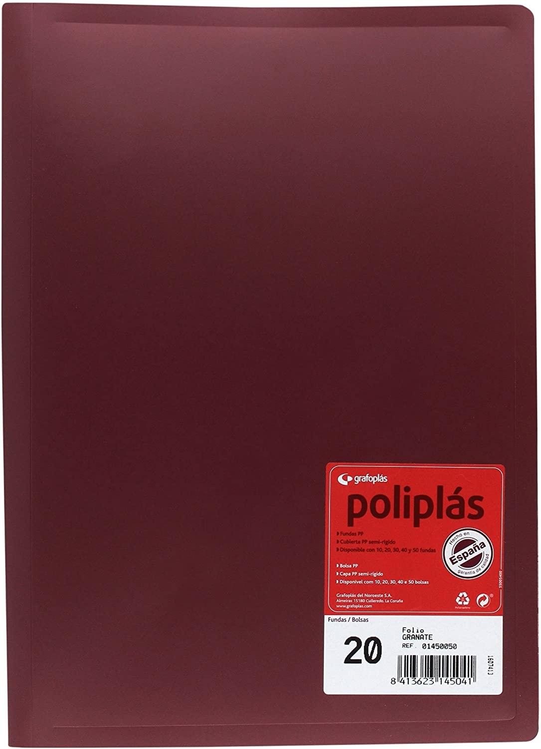 CARPETA 20 FUNDAS FOLIO GRAFOPLAS POLIPLAS OPACO COLOR GRANATE