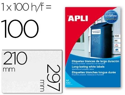 CAJA 100 HOJAS ETIQUETAS 210X297 POLIESTER COLOR BLANCO APLI 12121