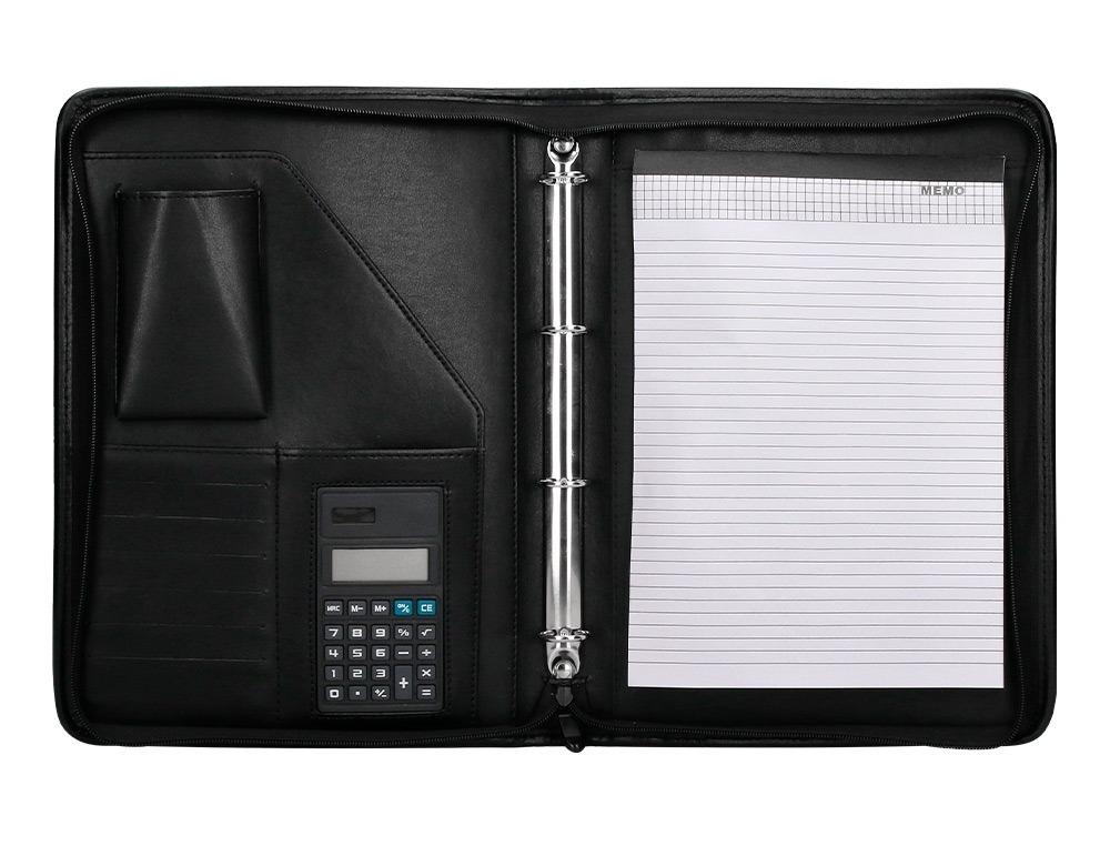 CARPETA PORTAFOLIOS Q-CONNECT CREMALLERA 4 ANILLAS 20 MM CON CALCULADORA CON BOLSA PARA MOVIL COLOR NEGRO 260X355 MM