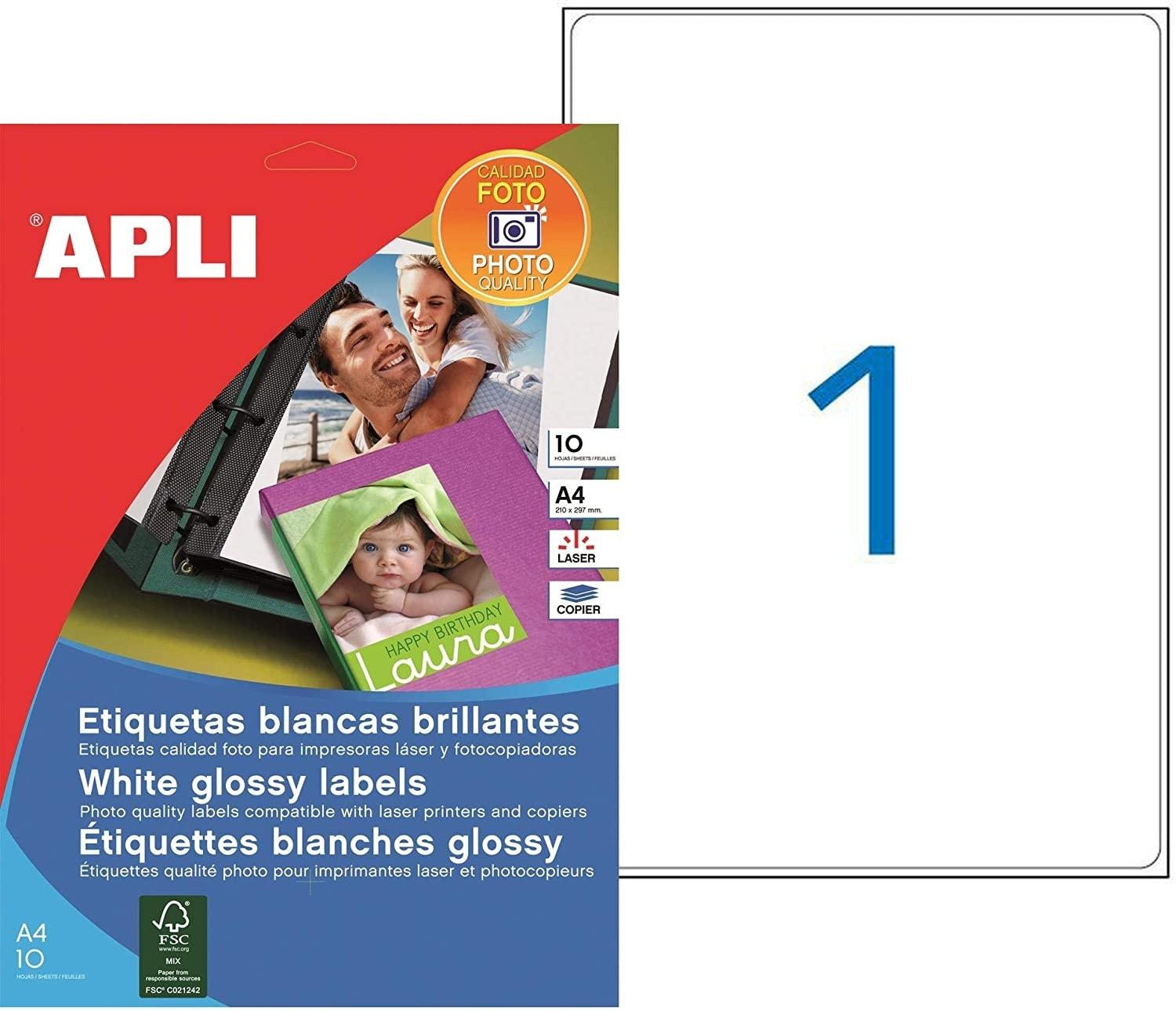 PAQUETE 10 HOJAS ETIQUETAS GLOSSY 199,6 X 289,1 MM APLI 10065