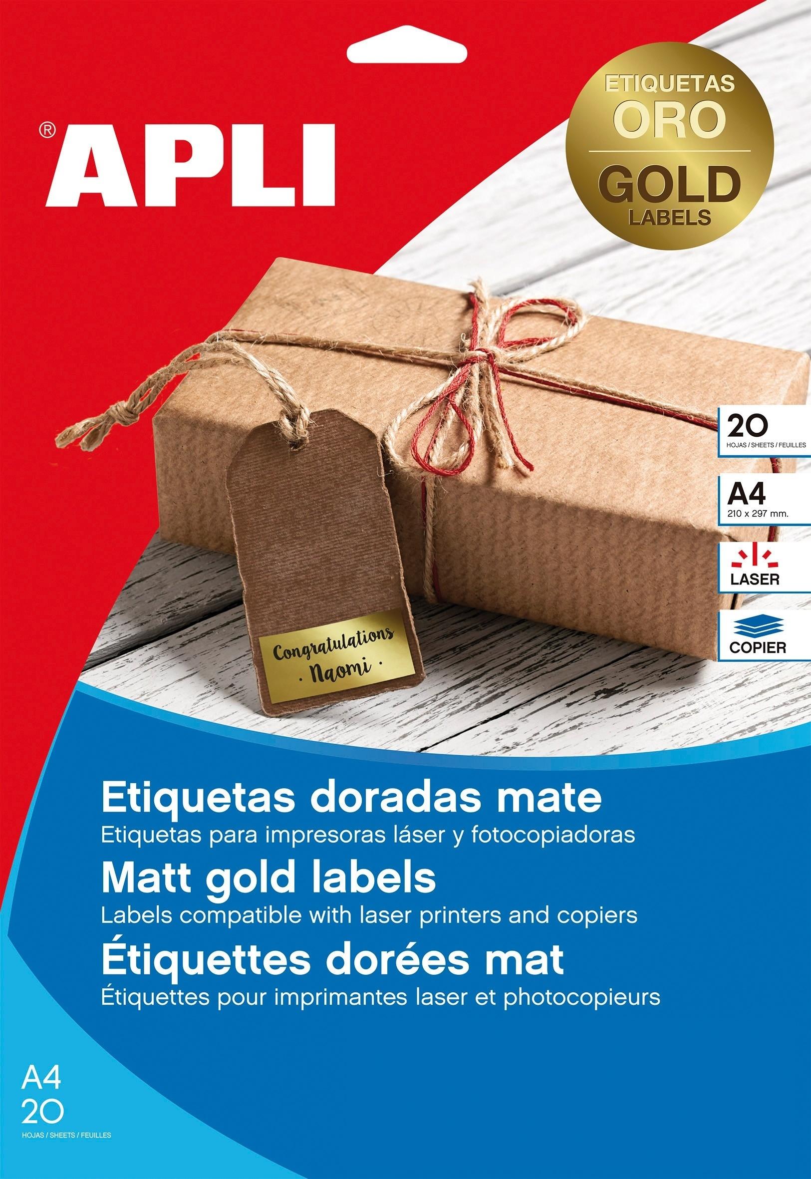 PAQUETE 20 HOJAS ETIQUETAS 45,7 X 21,2 COLOR ORO APLI RF. 14886