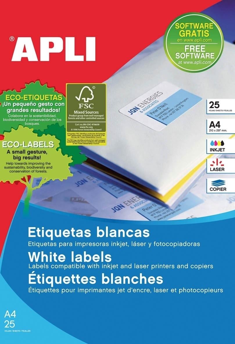 PAQUETE 25 HOJAS ETIQUETAS BLANCAS 25,4 X 10,0 ADHESIVO REMOVIBLE APLI RF. 10198