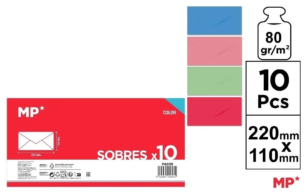 PAQUETE 10 SOBRES AMERICANOS MP 110 X 220 COLORES PASTELES SURTIDOS UNICOLOR