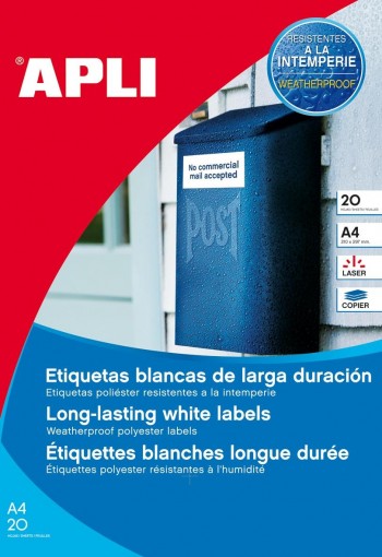 PAQUETE 20 HOJAS ETIQUETAS BLANCAS POLIESTER APLI 45,7 X 21,2 CANTOS ROMOS RESISTENTES INTEMPERIE RF 12112