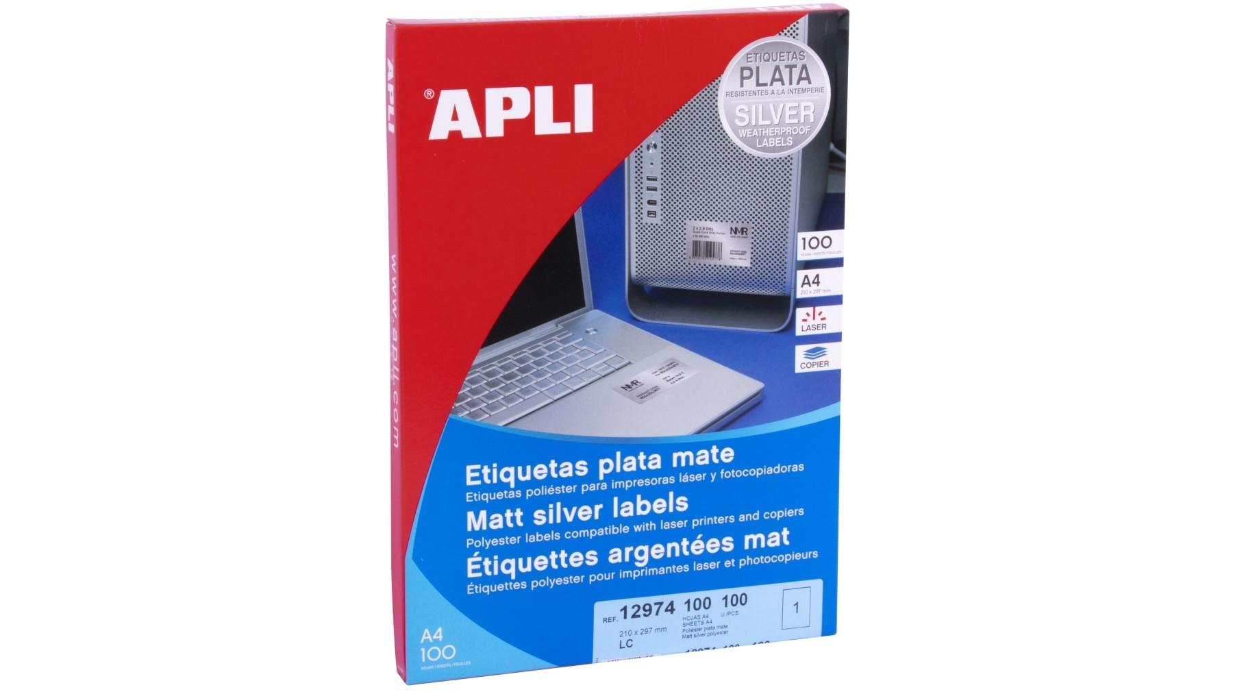 CAJA 100 HOJAS ETIQUETAS METALIZADAS COLOR PLATA 210,0 X 297,0 APLI 12974