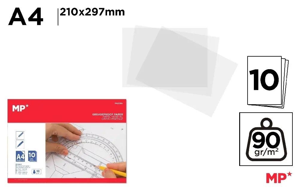 PACK 10 HOJAS PAPEL VEGETAL DIBUJO A4 MP 90G/M2