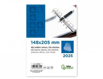 RECAMBIO AGENDA ANILLAS LIDERPAPEL 14,8X20,5 CM DIN A5 2025 DIA PAGINA PAPEL 70 GR