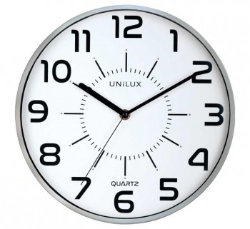 RELOJ OFICINA DE PARED UNILUX POP REDONDO 30 CM MARCO GRIS PLATA