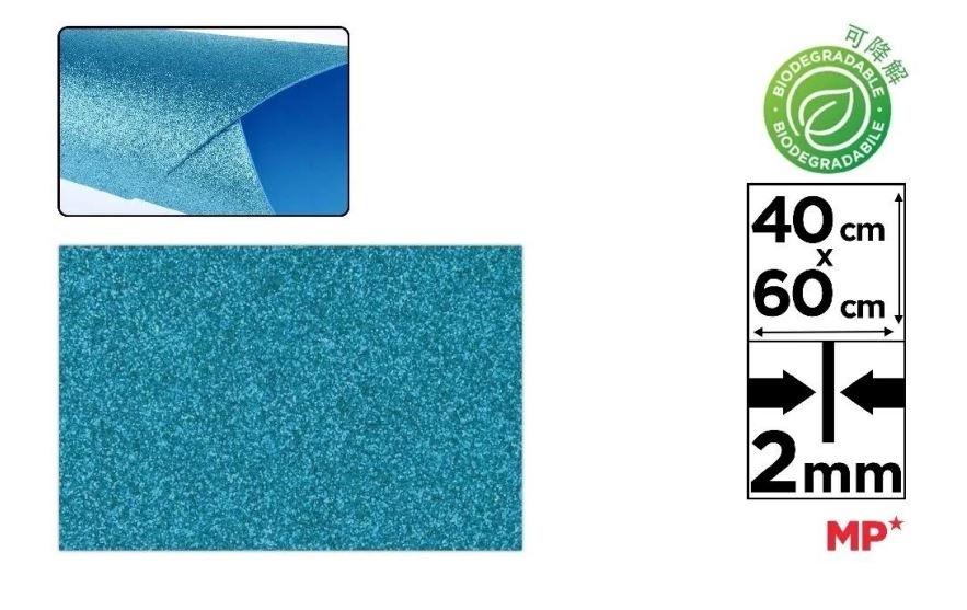 GOMA EVA CON PURPURINA BIODEGRADABLE MP 40X60CM ESPESOR 2MM COLOR AZUL CIELO