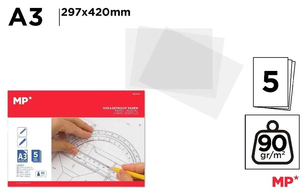 PACK 5 HOJAS PAPEL VEGETAL DIBUJO A3 MP 90G/M2