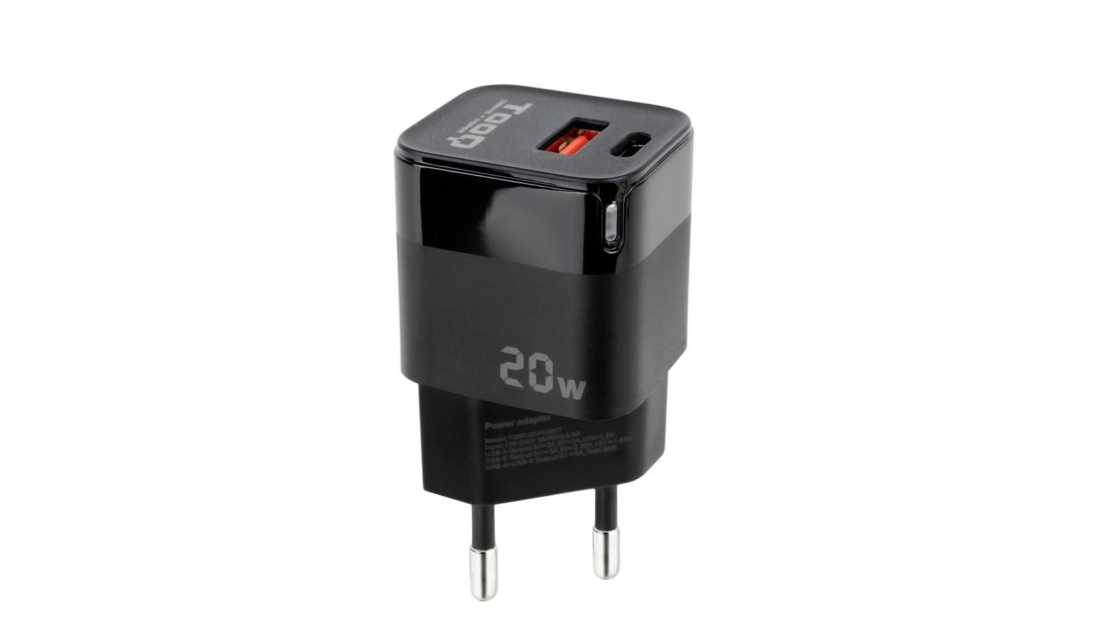 CARGADOR DE PARED TOOQ USB C + USB A 20W COLOR NEGRO