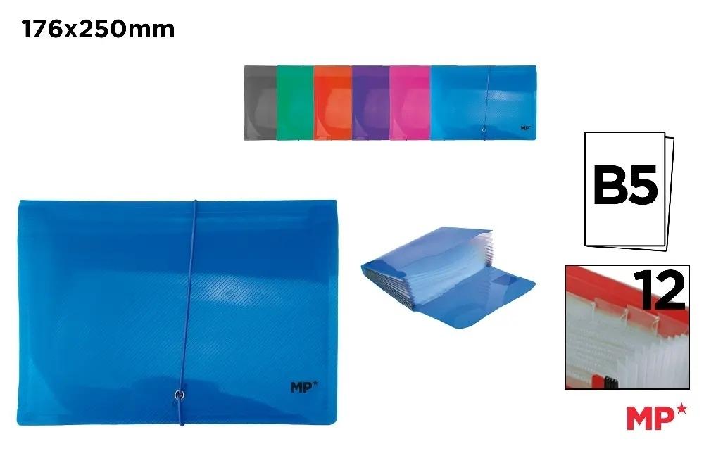 CARPETA FUELLE GOMAS MP 12 SEPARADORES B5 POLIPROPILENO COLORES TRANLUCIDOS SURTIDOS
