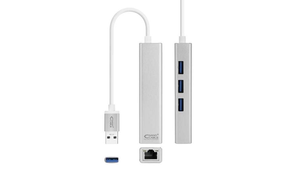 CONVERSOR TARJETA DE RED RJ45 USB 3.0 GIGABIT NANOCABLE + 3 USB 3.0 ALUMINIO COLOR PLATA
