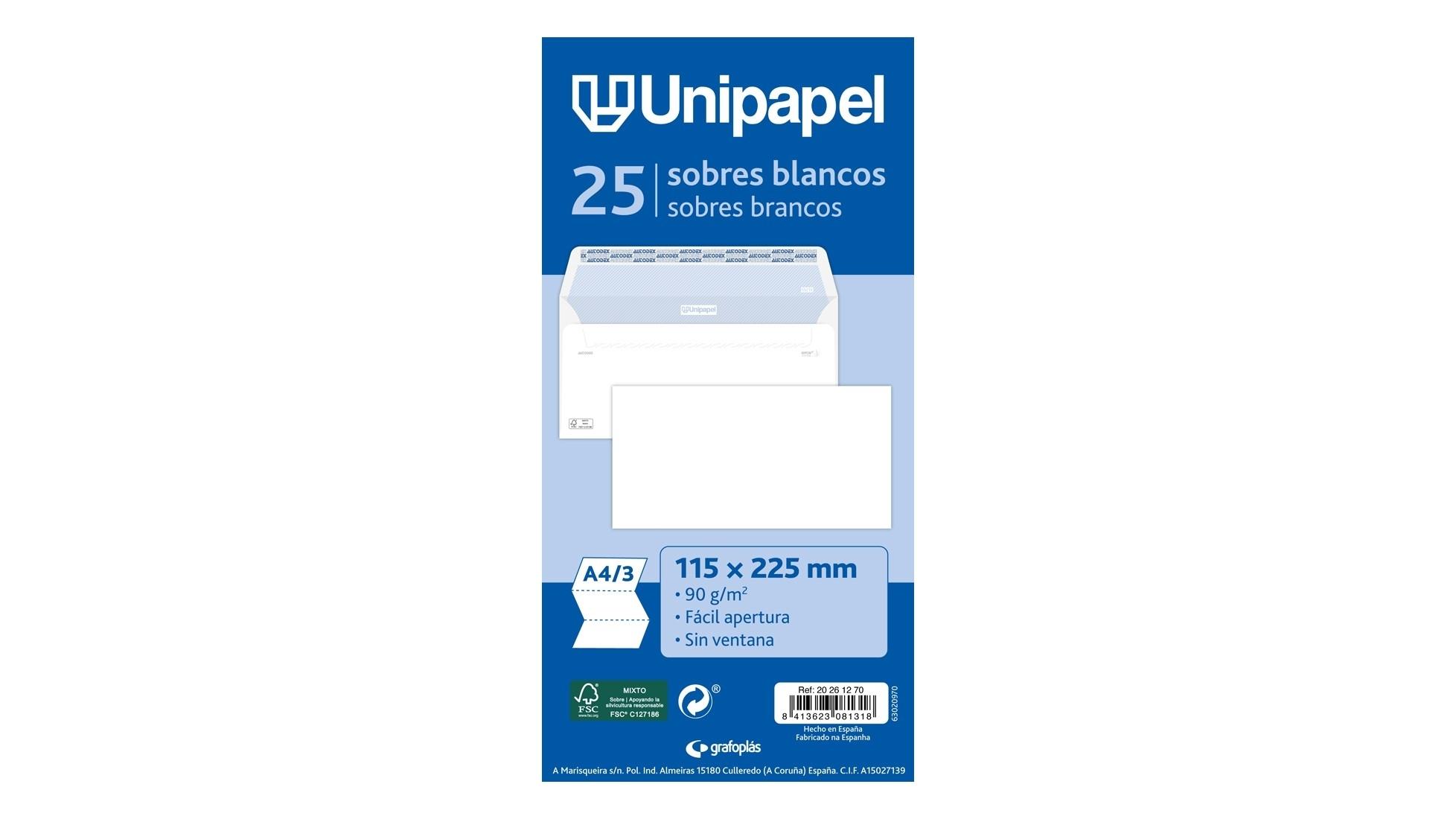 PAQUETE 25 SOBRES AMERICANOS BLANCOS SIN VENTANA 115X225 UNIPAPEL