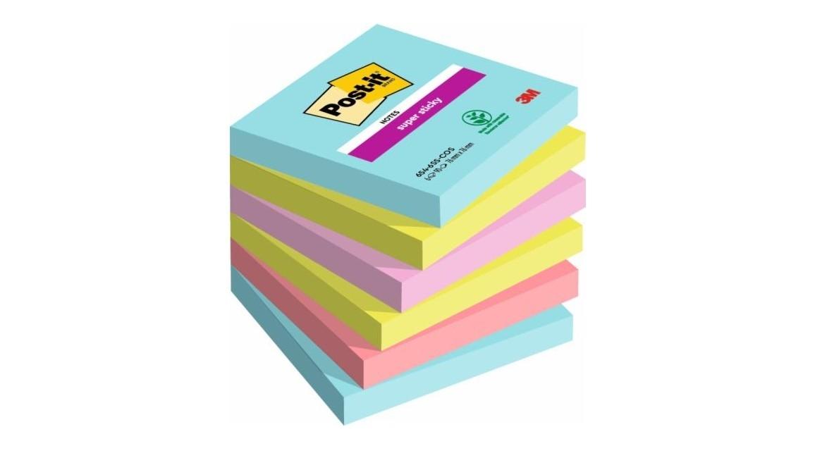 BLOC DE NOTAS ADHESIVAS QUITA Y PON POST-IT SUPER STICKY 76X76 MM CON 90 HOJAS PACK DE 6 UNIDADES COLORES MIAMI