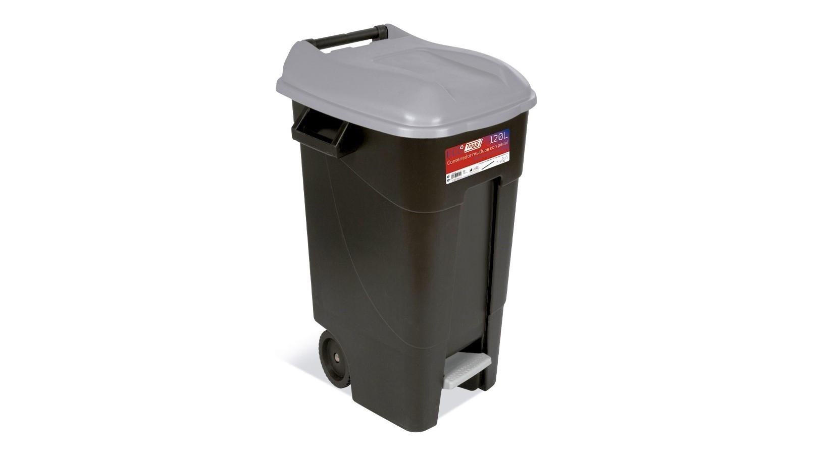CONTENEDOR DE RECICLAJE TAYG CON RUEDAS Y PEDAL 120 L NEGRO CON TAPA GRIS