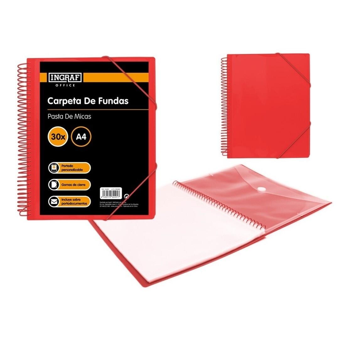 CARPETA ESCAPARATE CON ESPIRAL 30 FUNDAS INGRAF CON SOBRE POLIPROPILENO DIN A4 COLOR ROJO