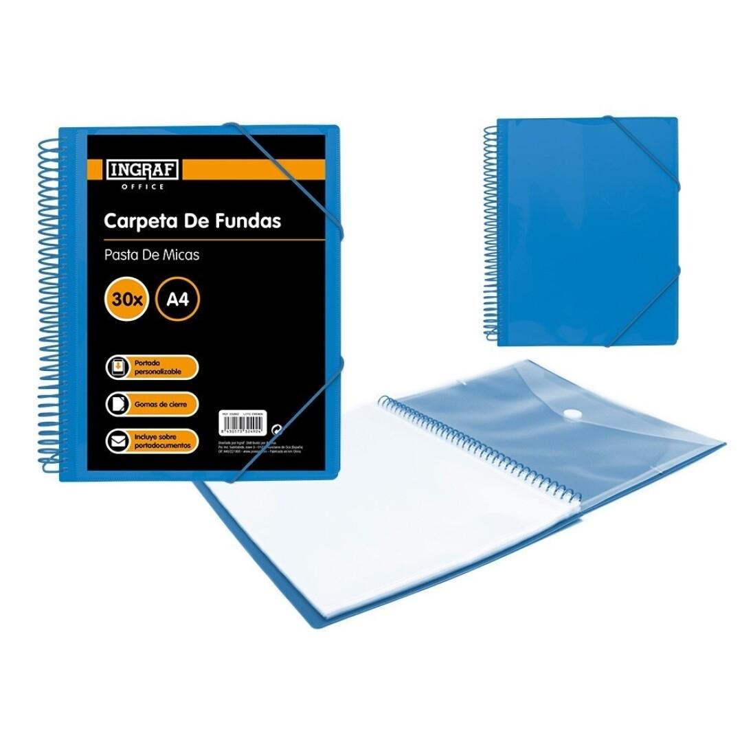 CARPETA ESCAPARATE CON ESPIRAL 30 FUNDAS INGRAF CON SOBRE POLIPROPILENO DIN A4 COLOR AZUL