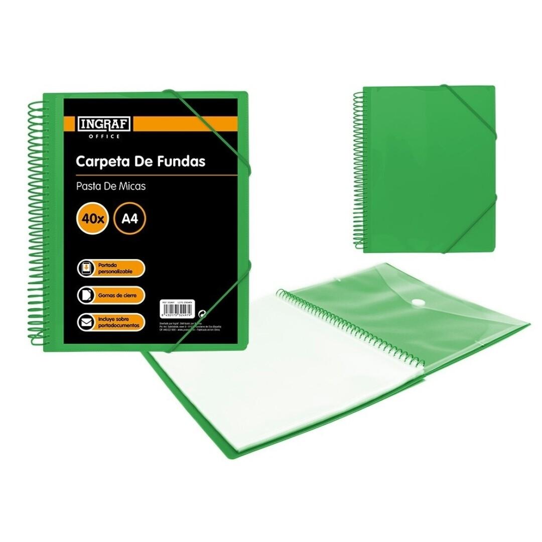 CARPETA ESCAPARATE CON ESPIRAL 40 FUNDAS INGRAF CON SOBRE POLIPROPILENO DIN A4 COLOR VERDE