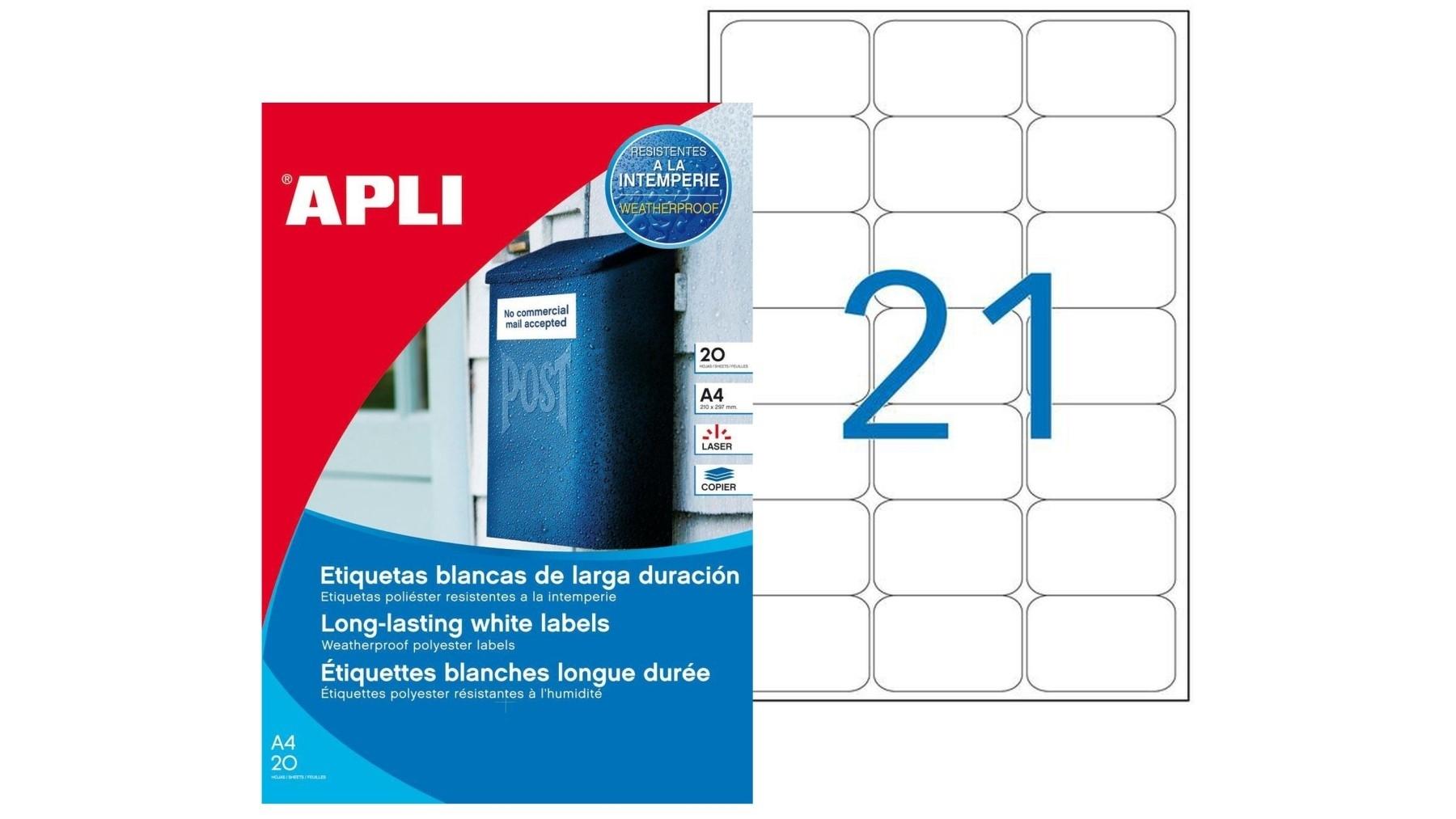 PAQUETE 20 HOJAS ETIQUETAS BLANCAS POLIESTER APLI 63,5 X 38,1 CANTOS ROMOS RESISTENTES INTEMPERIE RF 15088