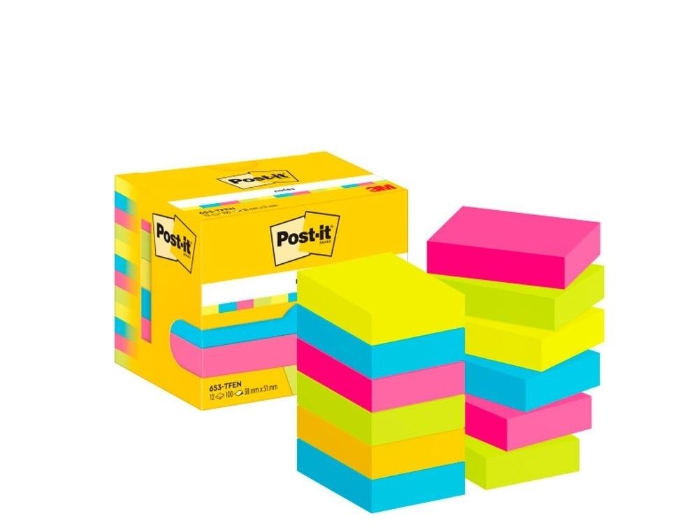 BLOC DE NOTAS ADHESIVAS QUITA Y PON POST-IT 38X51 MM NEON PACK DE 12 BLOCS SURTIDOS