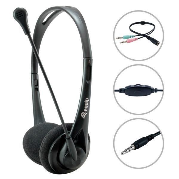 AURICULARES EQUIP JACK 3,5 MM ULTRALIGEROS CON MICROFONO FLEXIBLE AJUSTALBLE COLOR NEGRO