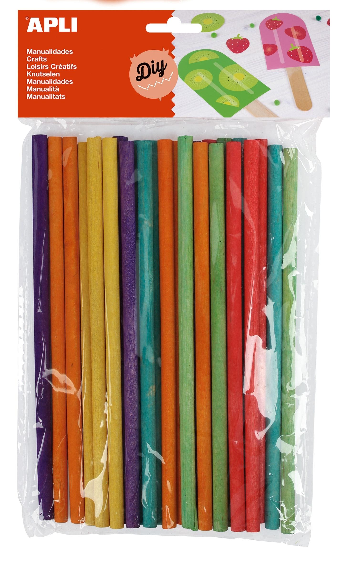 BOLSA 25 PALOS REDONDOS DE MADERA COLORES SURTIDOS 15 CMS APLI 13482