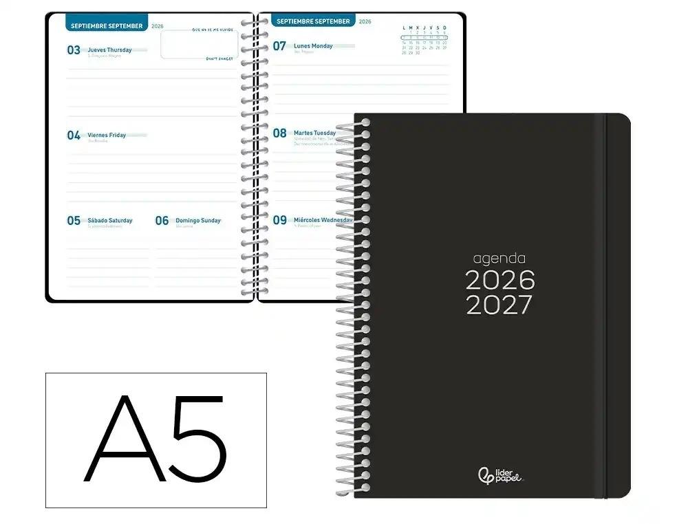 AGENDA ESCOLAR LIDERPAPEL 26-27 ESPIRAL BASIC SEMANA VISTA A5 BILINGUE 70G PAPEL FSC NEGRO