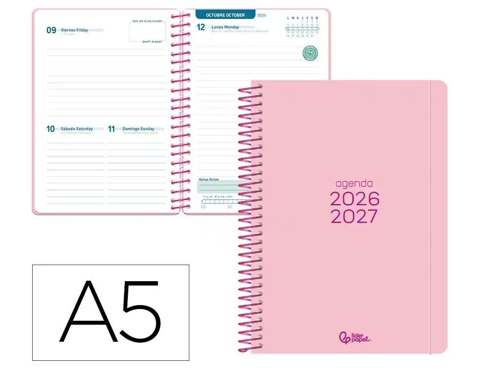 AGENDA ESCOLAR LIDERPAPEL 26-27 ESPIRAL BASIC DIA PAGINA A5 BILINGUE 70G PAPEL FSC ROSA