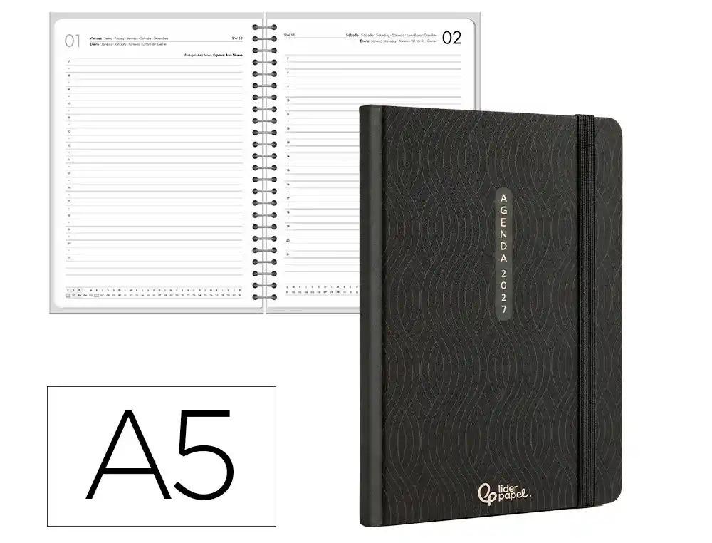 AGENDA OFICINA LIDERPAPEL 2027 ENCUADERNADA PAROS DIA PAGINA A5 BILINGUE 70G PAPEL FSC NEGRO