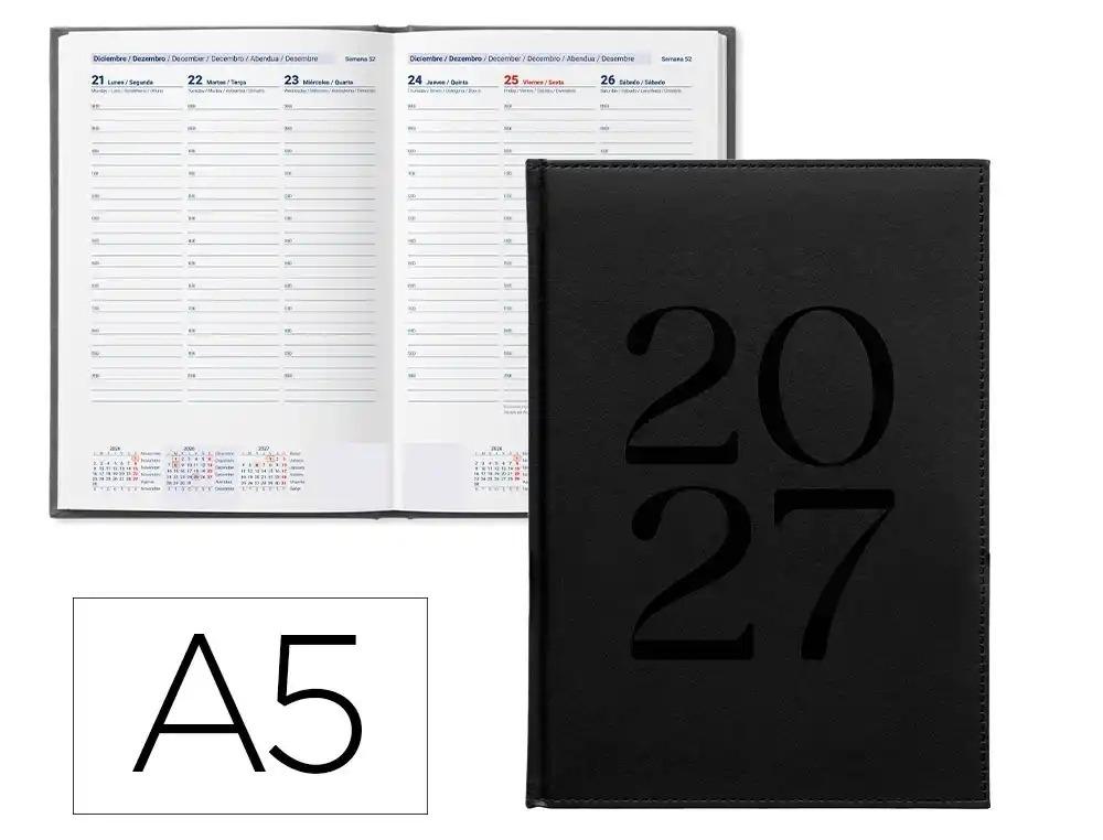AGENDA OFICINA LIDERPAPEL 2027 ENCUADERNADA CRETA SEMANA VISTA A5 BILINGUE 70G PAPEL FSC NEGRO