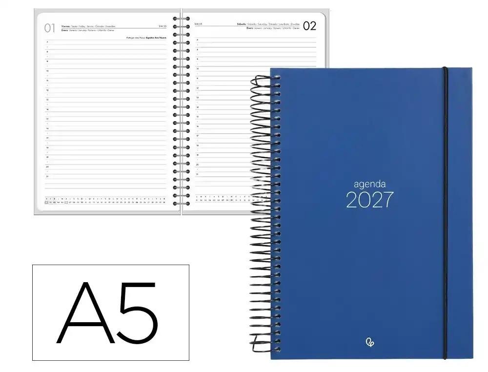 AGENDA OFICINA LIDERPAPEL 2027 ESPIRAL OLBIA DIA PAGINA A5 BILINGUE 60G PAPEL FSC AZUL
