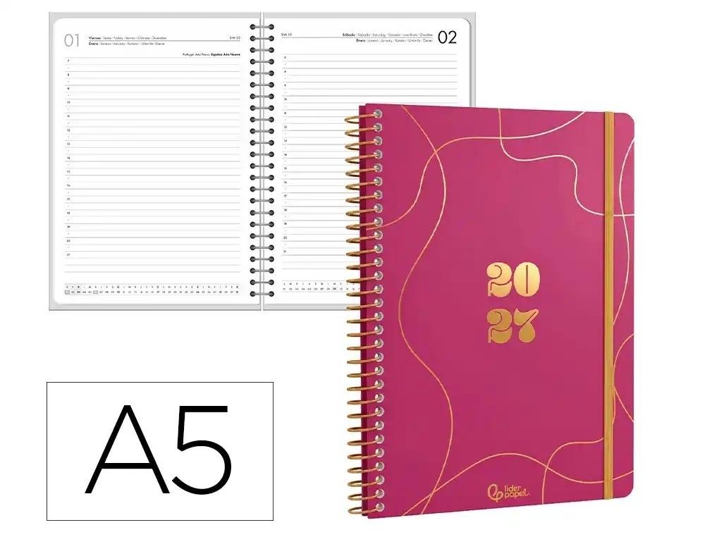 AGENDA OFICINA LIDERPAPEL 2027 ESPIRAL PERISSA DIA PAGINA A5 BILINGUE 80G PAPEL FSC ROSA