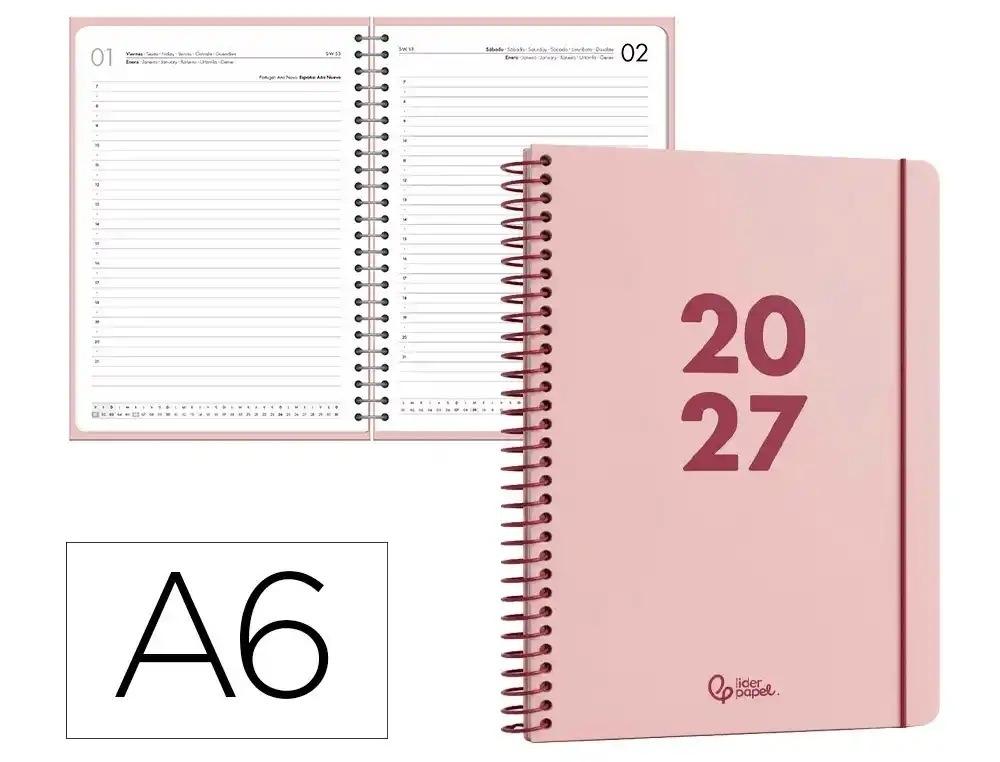 AGENDA OFICINA LIDERPAPEL 2027 ESPIRAL BASIC DIA PAGINA A6 BILINGUE 60G PAPEL FSC ROSA