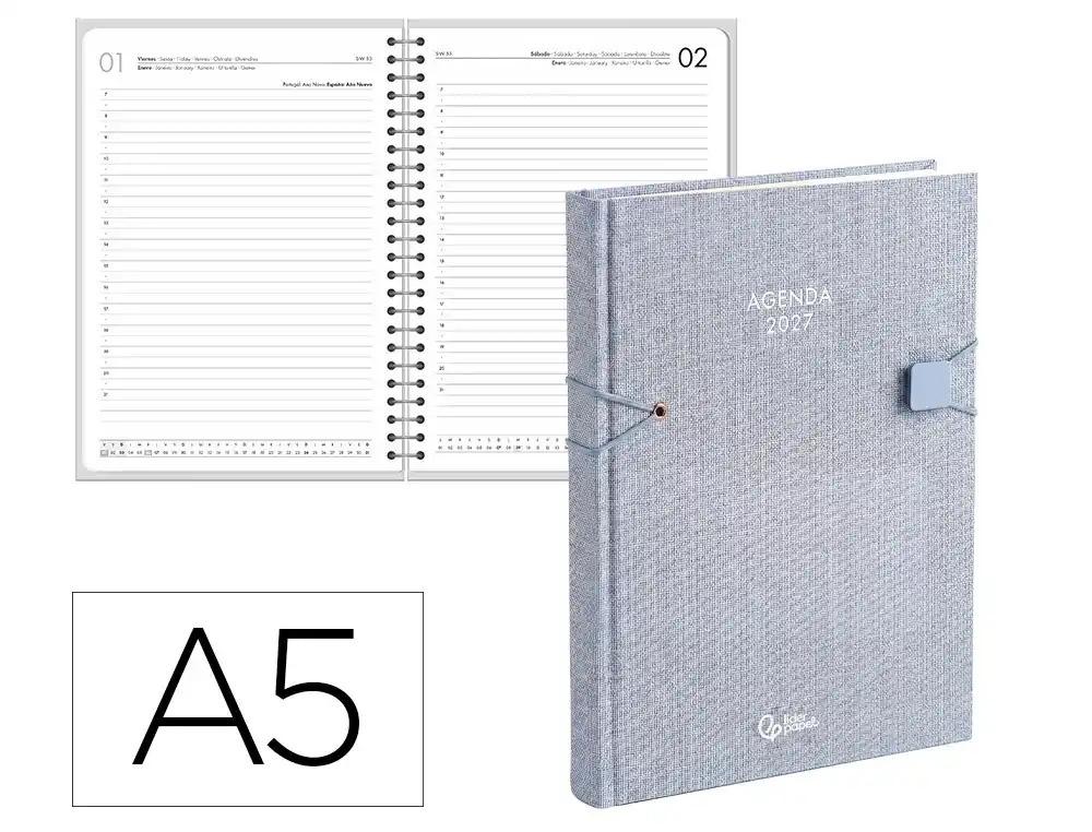 AGENDA OFICINA LIDERPAPEL 2027 ENCUADERNADA LESBOS DIA PAGINA A5 BILINGUE 70G PAPEL FSC CELESTE