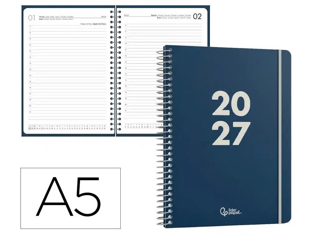 AGENDA OFICINA LIDERPAPEL 2027 ESPIRAL BASIC DIA PAGINA A5 BILINGUE 60G PAPEL FSC AZUL