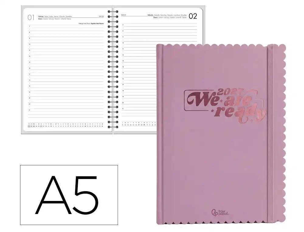 AGENDA OFICINA LIDERPAPEL 2027 ENCUADERNADA CLOUDY DIA PAGINA A5 BILINGUE 70G PAPEL FSC MALVA