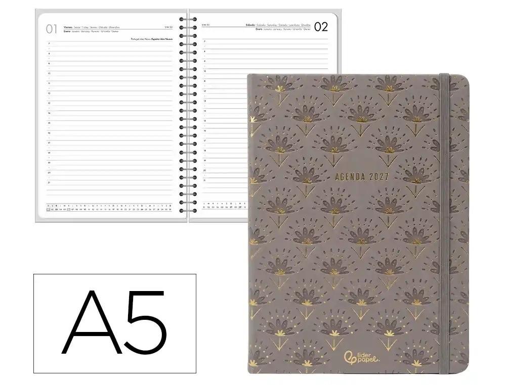 AGENDA OFICINA LIDERPAPEL 2027 ENCUADERNADA BOHO DIA PAGINA A5 BILINGUE 70G PAPEL FSC GRIS