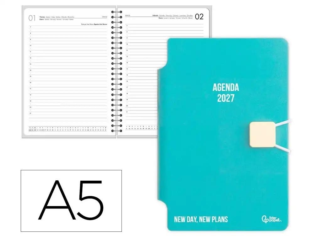 AGENDA OFICINA LIDERPAPEL 2027 ENCUADERNADA TILOS DIA PAGINA A5 BILINGUE 70G PAPEL FSC TURQUESA