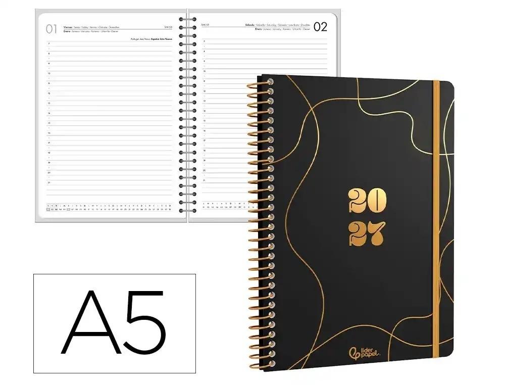 AGENDA OFICINA LIDERPAPEL 2027 ESPIRAL PERISSA DIA PAGINA A5 BILINGUE 80G PAPEL FSC NEGRO