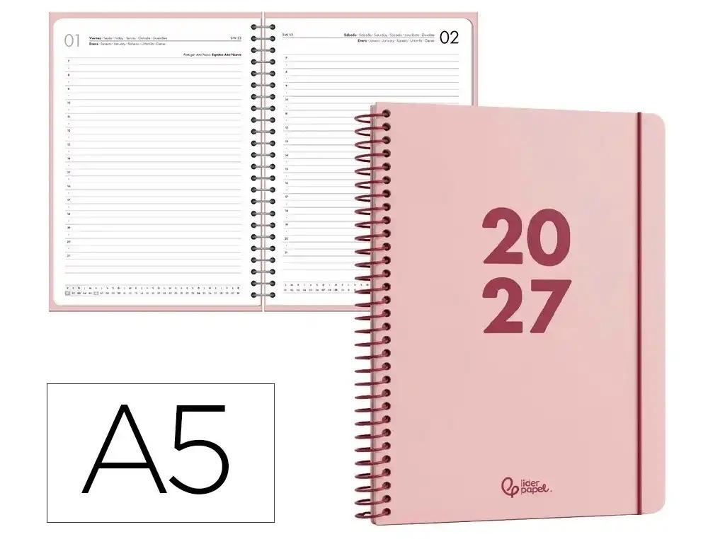 AGENDA OFICINA LIDERPAPEL 2027 ESPIRAL BASIC DIA PAGINA A5 BILINGUE 60G PAPEL FSC ROSA