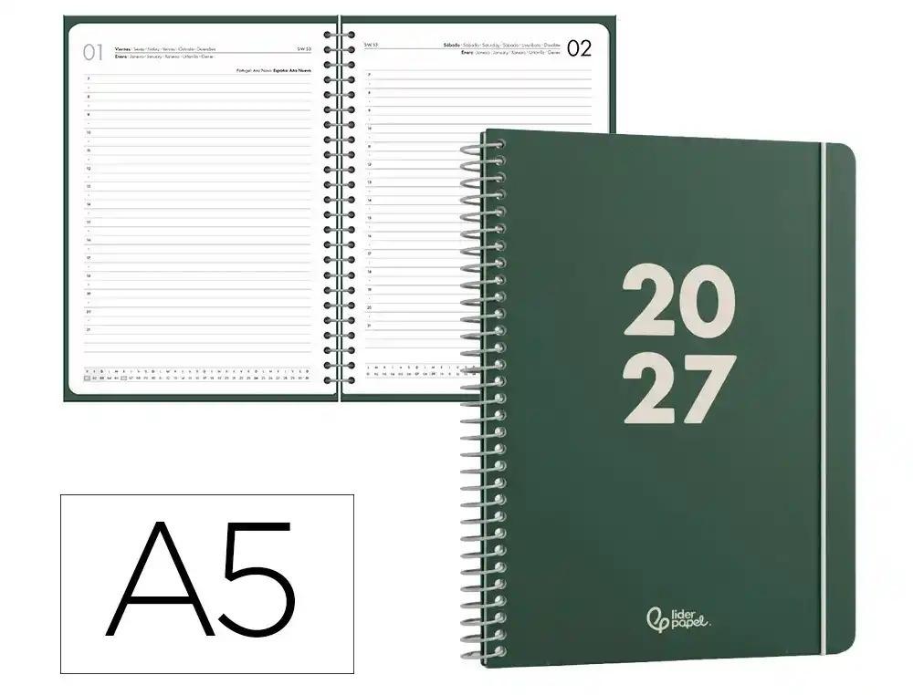 AGENDA OFICINA LIDERPAPEL 2027 ESPIRAL BASIC DIA PAGINA A5 BILINGUE 60G PAPEL FSC VERDE