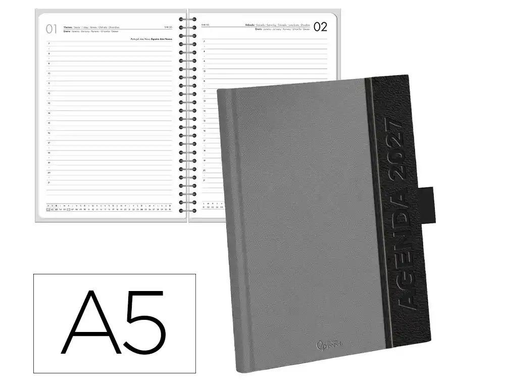AGENDA OFICINA LIDERPAPEL 2027 ENCUADERNADA SYMI DIA PAGINA A5 BILINGUE 70G PAPEL FSC GRIS