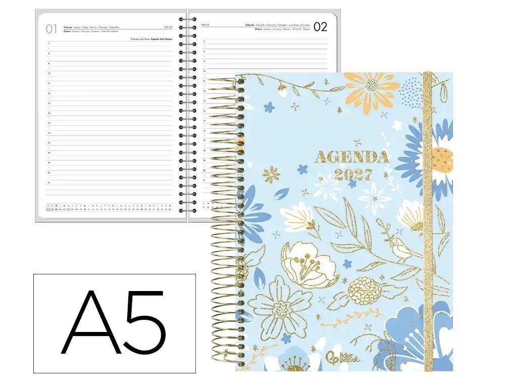 AGENDA OFICINA LIDERPAPEL 2027 ESPIRAL FANTASY DIA PAGINA A5 BILINGUE 70G PAPEL FSC CELESTE
