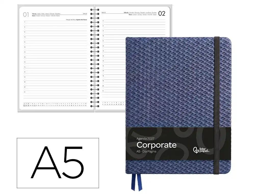 AGENDA OFICINA LIDERPAPEL 2027 ENCUADERNADA CORPORATE DIA PAGINA A5 BILINGUE 70G PAPEL FSC AZUL
