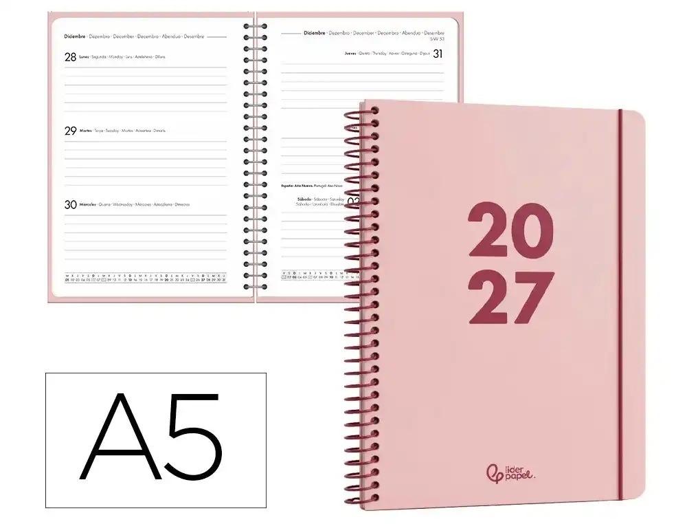 AGENDA OFICINA LIDERPAPEL 2027 ESPIRAL BASIC SEMANA VISTA A5 BILINGUE 60G PAPEL FSC ROSA