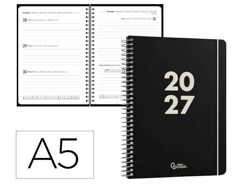 AGENDA OFICINA LIDERPAPEL 2027 ESPIRAL BASIC SEMANA VISTA A5 BILINGUE 60G PAPEL FSC NEGRO