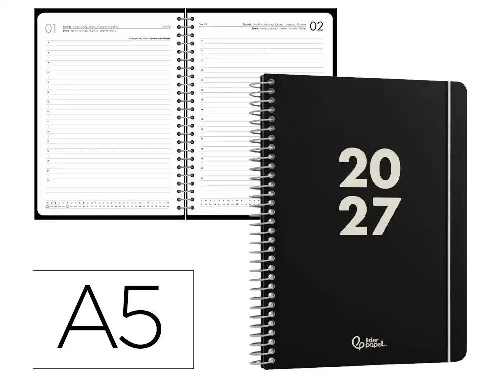 AGENDA OFICINA LIDERPAPEL 2027 ESPIRAL BASIC DIA PAGINA A5 BILINGUE 60G PAPEL FSC NEGRO