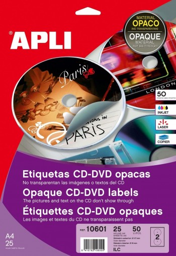 PAQUETE 25 H. ETQUETAS CD-DVD DORSO OPACO 117MM APLI RF. 10601